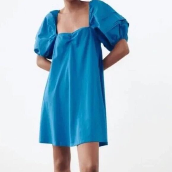 NWT Zara Blue Puff Sleeve Mini Dress - Picture 2 of 8